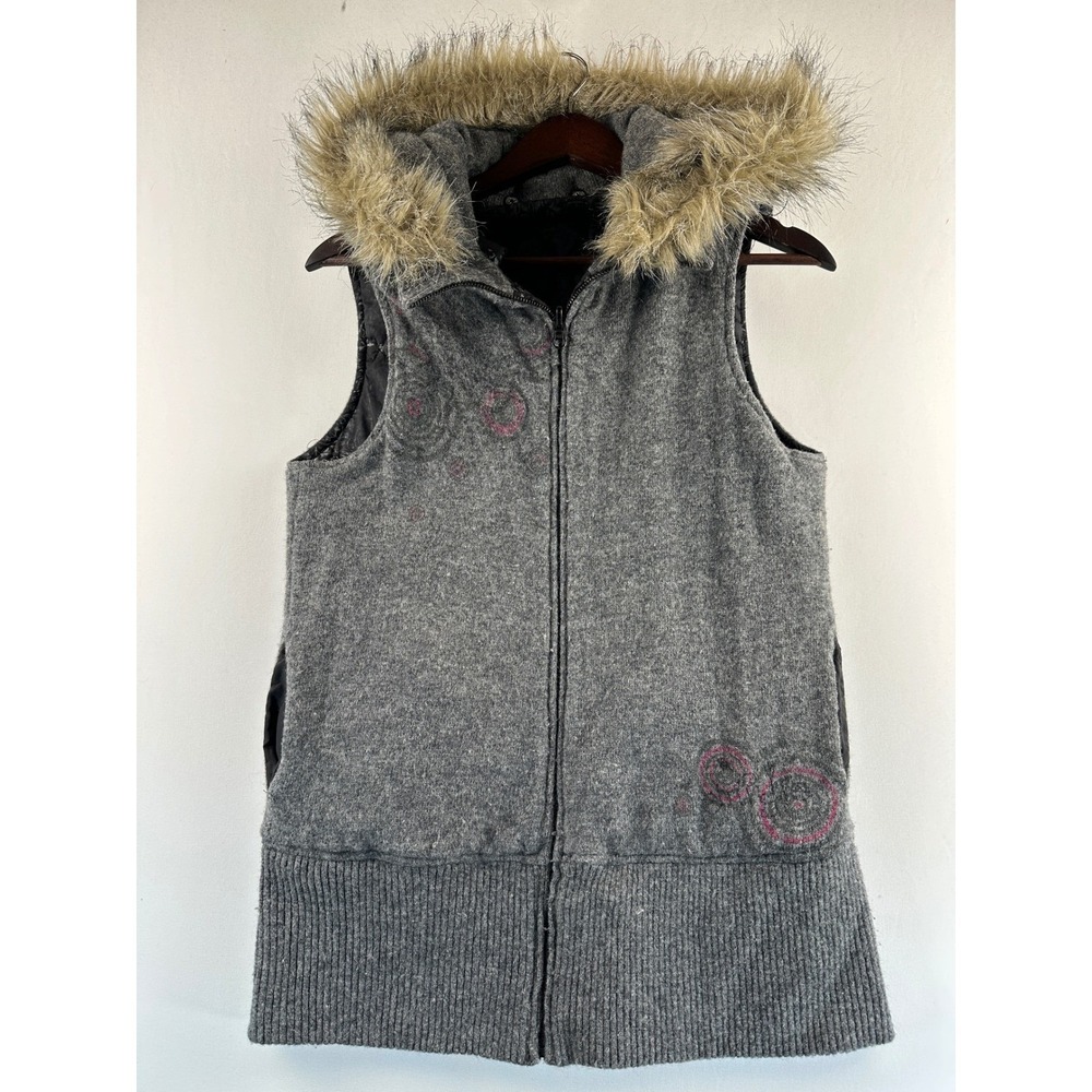 Empyre Reversible Quilted Hooded Vest Large Lambswool Grey Faux Fur Trim Boho - Picture 16 of 16